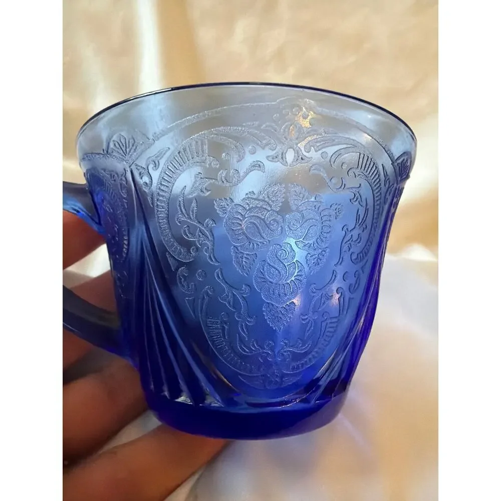 Vintage Cobalt Blue Pressed Glass Mug Cup Embossed Grape Pattern Depression